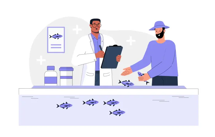 The Aquatic Veterinary Concept Involves a Doctor Working with a Fish Farmer Flat Illustration